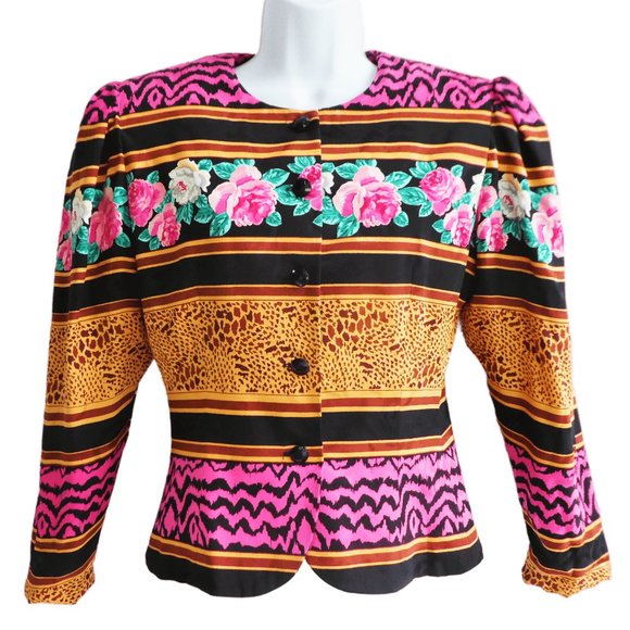 Vintage Jackets & Blazers - SiLK NEW Rickie Freeman Mixed Print Blazer Jacket Floral Animal Shoulder Pads M